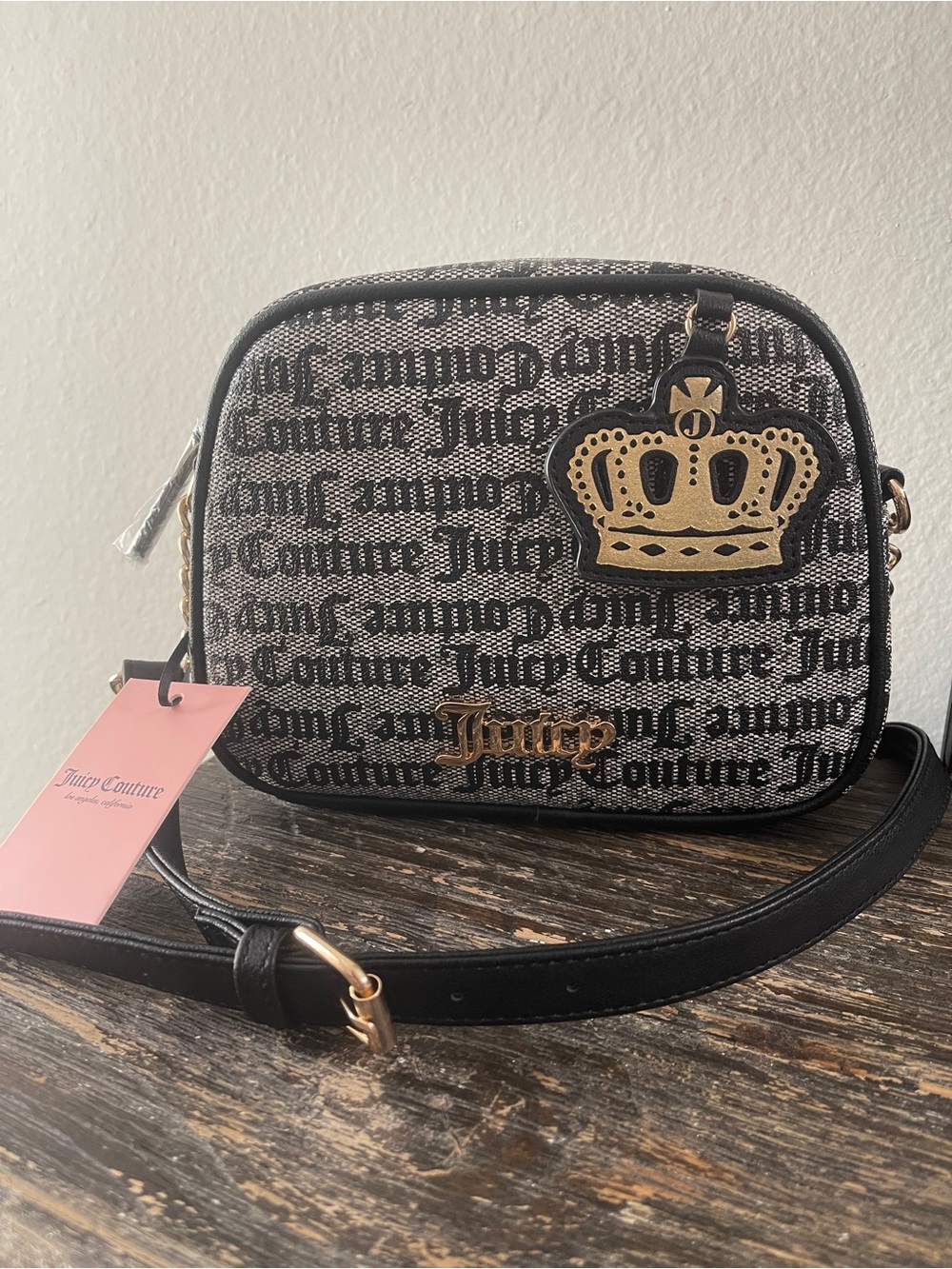 Juicy Couture Black Logo Crossbody with Gold Crown bag charm